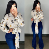 Sexy Printed Long Sleeves Lace-Up Cropped Top B3133