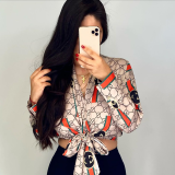 Sexy Printed Long Sleeves Lace-Up Cropped Top B3133