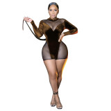 Sexy Mesh Stitching Velvet Round Neck Long Sleeves Short Pants Jumpsuit  K9798