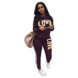 Casual Letter Printed Long Sleeves Hooded Sweater With Trousers Two Pieces Sets LD8189