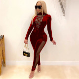 Sexy Mesh Stitching Perspective Strappy Deep V-Neck Long Sleeves Jumpsuit K9810