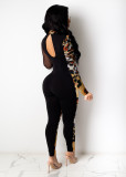 Sexy Mesh Stitching Printed High Collar Long Sleeves Skinny Jumpsuit A7159