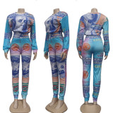 Fashion Printed Round Neck Long Sleeves Top With Trousers Two Pieces Sets J2400
