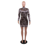 Fashion Leopard Printed High Collar Long Sleeves Mini Skinny Dress YF8855