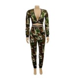 Sexy Camouflage Deep V-Neck Long Sleeves Cropped Top With Trousers Two Pieces Sets W939