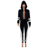 Fashion Stitching Long Sleeves Hooded Cardigan With Trousers Two Pieces Sets CY8065