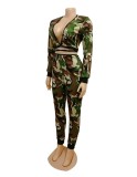 Sexy Camouflage Deep V-Neck Long Sleeves Cropped Top With Trousers Two Pieces Sets W939