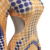 Digital printed sexy mesh see-through flared sleeve women's dress XZ3881