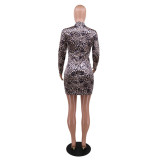 Fashion Leopard Printed High Collar Long Sleeves Mini Skinny Dress YF8855