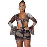 Sexy Mesh Printed V-Neck Long Sleeves Cropped Top With Mini Skirt Two Pieces Sets J2397