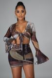 Sexy Mesh Printed V-Neck Long Sleeves Cropped Top With Mini Skirt Two Pieces Sets J2397
