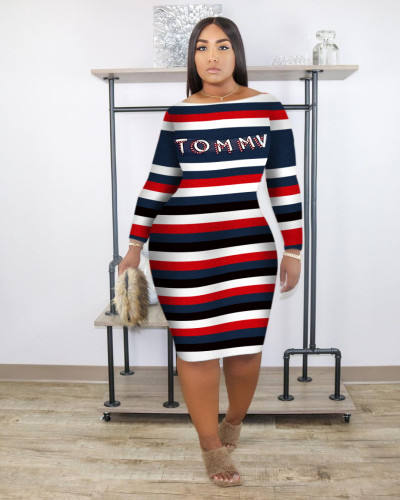 Plus Size Casual Striped Printed Round Neck Long Sleeves Midi Dress OMM1199