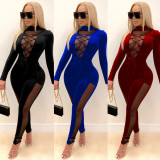 Sexy Velvet Stitching Mesh See-Through High Collar Long Sleeves Lace-Up Jumpsuit C3898
