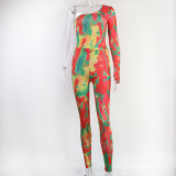 Sexy Tie Dye Printed One Shoulder Long Sleeves Top With Trousers Two Pieces Sets S916512