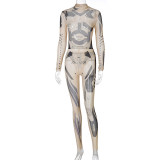 Sexy See-Through Mesh Printed Round Neck Long Sleeves Bodysuit With Trousers Two Pieces Sets S0A3669