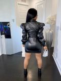 Sexy Leather Turn-Down Collar Ruff Long Sleeves Mini Bodycon Dress  OSM3312
