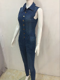 Fashion Denim Button Turn-Down Collar Sleeveless Skinny Jumpsuit  JLX8696