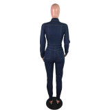 Fashion Denim Turn-Down Collar Long Sleeves Skinny Jumpsuit JLX6047