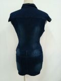 Sexy Denim Turn-Down Collar Short Sleeves Mini Skinny Dress  JLX6859
