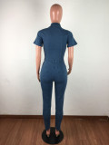 Fashion Denim Turn-Down Collar Short Collar Skinny Jumpsuit  JLX6861