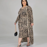 Plus Size Leopard Round Neck Sleeveless Midi Dress With Long Cardigan Two Pieces Sets  ONY5059