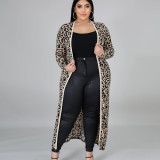 Plus Size Leopard Round Neck Sleeveless Midi Dress With Long Cardigan Two Pieces Sets  ONY5059