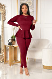 Fashion Solid Color Round Neck Long Sleeves Top With Trousers Two Pieces Sets  LA3234