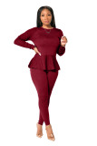 Fashion Solid Color Round Neck Long Sleeves Top With Trousers Two Pieces Sets  LA3234