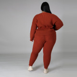 Plus Size Knitting Round Neck Long Sleeves Top With Drawstring Trousers Two Pieces Sets  YF1415