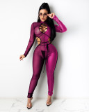 Sexy Mesh Stitching Round Neck Long Sleeves Hollow Out Lace-Up Leather Jumpsuit  G0376