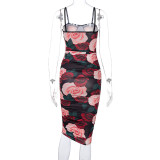 Sexy Roses Printed Suspenders Backless Midi Bodycon Dress  D0B3902W-2