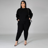 Plus Size Knitting Round Neck Long Sleeves Top With Drawstring Trousers Two Pieces Sets  YF1415