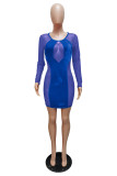 See-Through Mesh Stitching Velvet Round Neck Long Sleeves Midi Bodycon Dress  WMZ2622