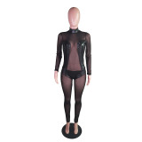 Sexy Leather Stitching Round Neck Long Sleeves Mesh Jumpsuit  BS1248