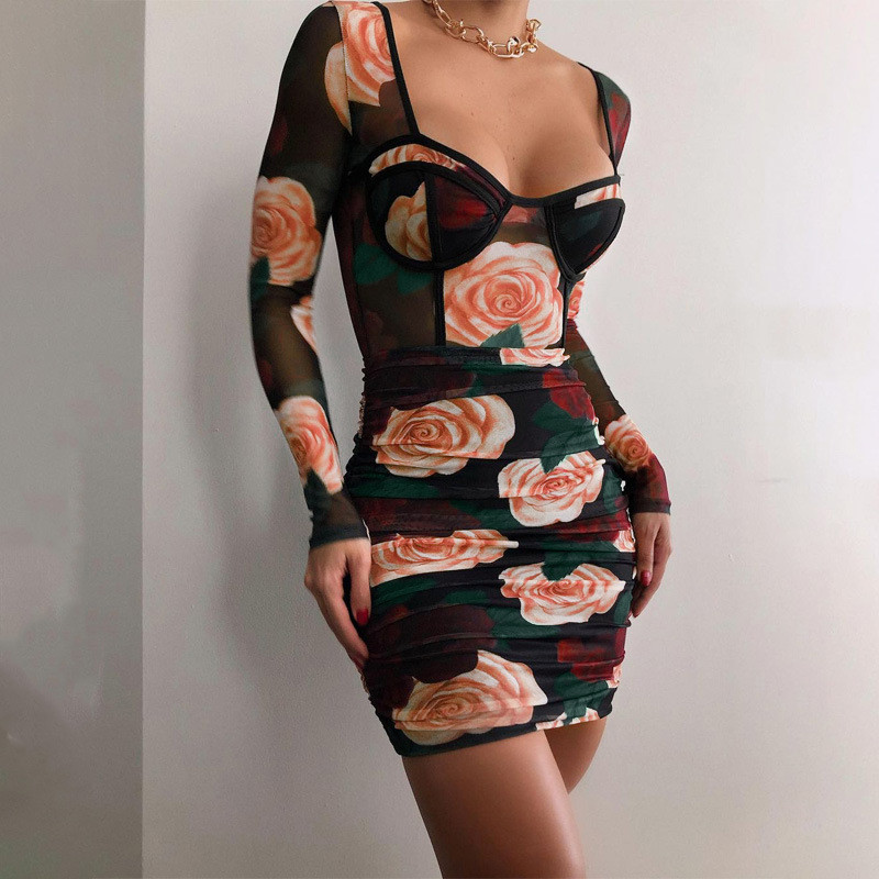 Sexy Roses Printed Square Collar Long Sleeves Mini Bodycon Dress  D0B3902W