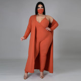 Plus Size Knitting Suspenders Jumpsuit With Midi Coat Two Piece Sets  YF1417