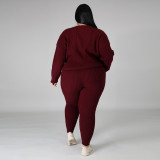 Plus Size Knitting Round Neck Long Sleeves Top With Drawstring Trousers Two Pieces Sets  YF1415