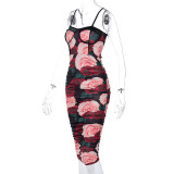 Sexy Roses Printed Suspenders Backless Midi Bodycon Dress  D0B3902W-2