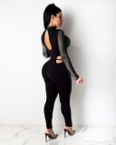Sexy Mesh Stitching Round Neck Long Sleeves Hollow Out Lace-Up Leather Jumpsuit  G0376