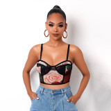 Sexy Roses Printed Suspenders Backless Cropped Tops  D0B3902W-4