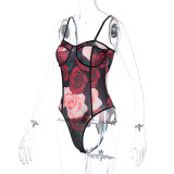 Sexy Roses Printed Suspenders Backless Bodysuit  D0B3902W-3
