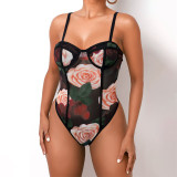 Sexy Roses Printed Suspenders Backless Bodysuit  D0B3902W-3