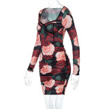 Sexy Roses Printed Square Collar Long Sleeves Mini Bodycon Dress  D0B3902W