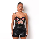Sexy Roses Printed Suspenders Backless Cropped Tops  D0B3902W-4