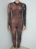 Fashion Snake Printed Round Neck Long Sleeves Perspective Jumpsuit FF1071