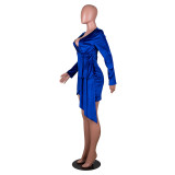 Fashion Velvet V-Neck Long Sleeves Irregular Mini Dress  A6651
