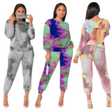 Fashion Tie Dye Printed Round Neck Long Sleeves Hollow Out Top With Trousers Two Pieces Sets MTY6576