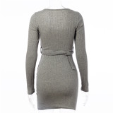 Fashion Knitting V-Neck Long Sleeves Mini Bodycon Dress  MLS1019