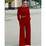 Fashion Solid Color Long Sleeves Backless Mini Sweater With High Waist Wide Leg Pants Two Pieces Sets MTY6356