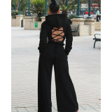 Fashion Solid Color Long Sleeves Backless Mini Sweater With High Waist Wide Leg Pants Two Pieces Sets MTY6356